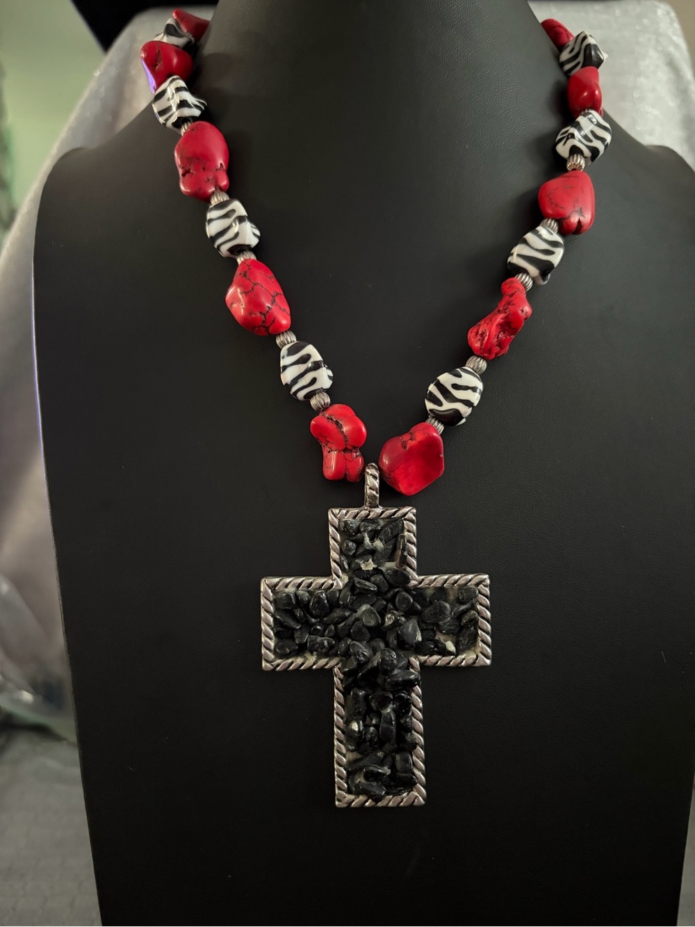 Red Coral & Zebra Bead Cross Necklace - Unbranded